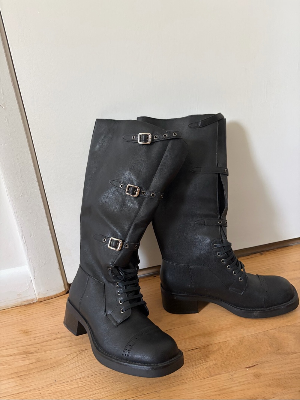 Amazon Black Lace-Up Knee-High Boots with Buckle Straps